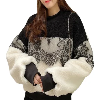 2020 Есенно-зимния женски Пуловер от овче Кадифе с Дантелен Шевове Плюс Кадифе Удебелена Hoody, Удобен и Топъл Женски Пуловер