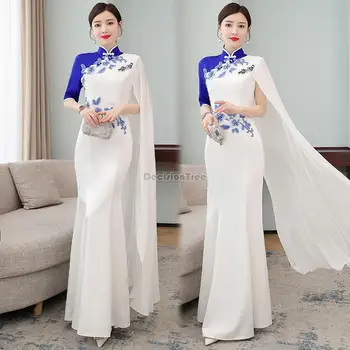 2022 китайското дълга рокля в ретро стил с къси ръкави ципао чонсам, вечерна рокля за парти, сватбена рокля, на малка елегантна рокля ципао