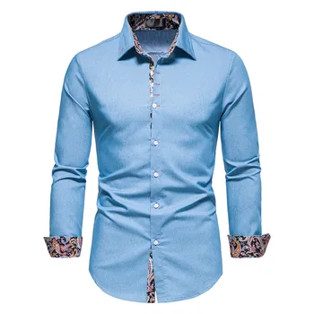 Chcs-a279-sw Мъжки дрехи Пролетта на Нови дънкови контрастни Ризи с дълъг Ръкав Модни и Ежедневни Младежки Деним Риза с копчета