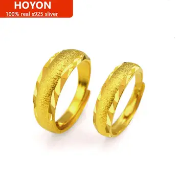 HOYON 999 Злато месинг 24 До истинско злато цвят пръстен за сватбени двойки открити пръстени, бижута за мъже и жени матирано годежен пръстен безплатна доставка