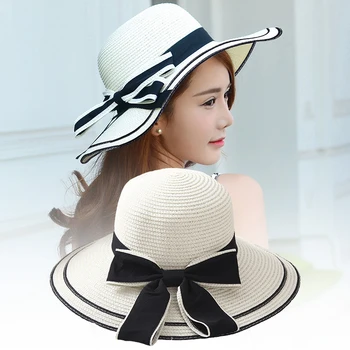 Mingjiebihuo Корейската нова мода температурна удобна лятна градинска солнцезащитная шапка с лък плажната дишаща сладка готина сламена шапка