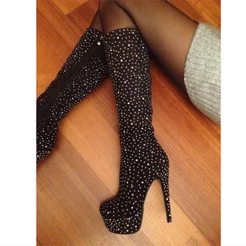 MKKHOU/Модни ботуши до коляното, Нови черни Високи ботуши с украса във вид на кристали, обувки на платформа и висок ток 15 см, зимни ботуши, Големи размери 35-47