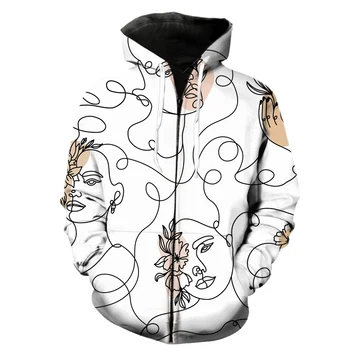 Абстрактна Линия Портрет Мъжки Hoody с Цип Мода Големи 3D Принт С Качулка, Якета Градинска Ежедневни Унисекс Тийнейджъри Забавни