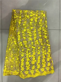 Африканска лейси плат 2018, висококачествена дантела с ръчно бродирани мъниста, френската дантела, тюлевая плат, 5 ярда/партия, Нигерийски Сватбена рокля в жълт цвят