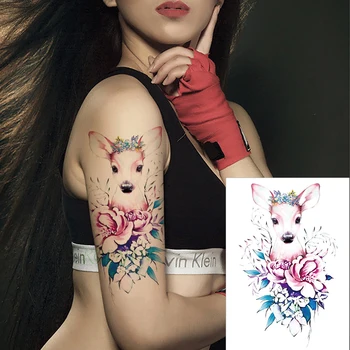 Водоустойчив Временна татуировка стикер карикатура розово елен венец короната на цвете голяма светкавица татуировка фалшива татуировка за Момичета, Мъже, Жени дете