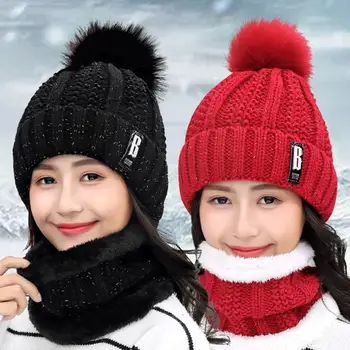 Вълнена шапка Вязаная шапка Зимна Корейската версия на дивата Дебелото Плюс Букви корейската шапки Вълнена топка Velvet Топло W2A5