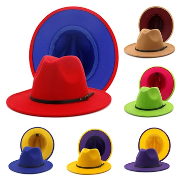 Дамски фетровая шапка с плоска периферия, контрастен колан, джаз шапка, цилиндър, мъжки есенно-зимни градинска Панама, два тона вълнена шапка