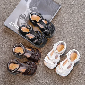 Детски Сандали 2022 г. Летни детски Сандали в Корейски стил с Лък за Момичета в Римски Стил, Однотонная Бяла Плажна Обувки, Рокля, върху плоска подметка, Обувки За Момиченца