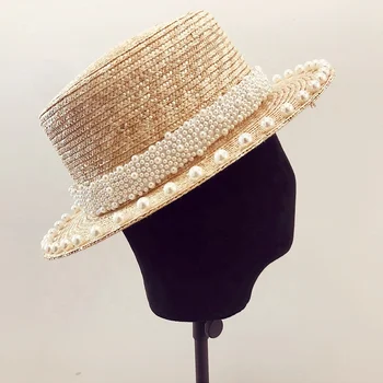 Елегантна реколта шапка от слама пшеница с перли и бисери в стил Хепбърн, дамски годишна Елегантна солнцезащитная плажна дамска шапка с козирка от слънцето