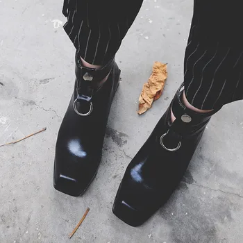Есен-зима катарама черен кожен квадратен стелката на обувки Мода 2020 ботильоны каубойски ботуши за жени, гумени ток пънк
