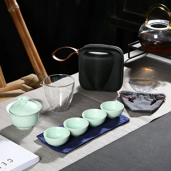 Комплект от 9 теми, Китайски Чай кунг-фу, Керамични Преносим Кана, Комплект за Пътуване, Гайвань, Чаени Чаши за Чайна Церемония, Чаена Чаша, Прекрасен Подарък