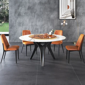 Луксозна маса за хранене от шисти и комбинация от стола домакински компактен мрамор кръгла маса Модерен проста кръгла маса с остроумие