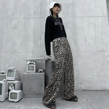 Лято корейски хип-хоп леопардовые директни широки панталони с леопардовым принтом, свободни ежедневни панталони bf с висока талия
