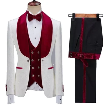 Мъжки Velvet костюм от 3 теми, Сватбен Смокинг на Младоженеца, Бизнес Оборудвана Блейзър, Официалната Работна дреха, Яке + Панталон + Елек