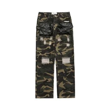 Мъжки есенни нови продукти Американски ПУ личност джоб с дупка шиене камуфляжные мъжки панталони са свободни ежедневни панталони