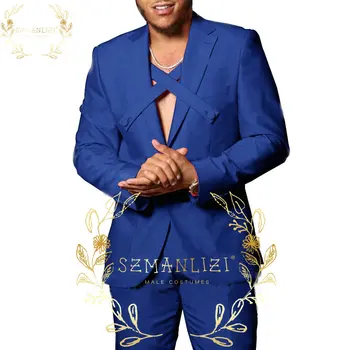 Най-новите Модели Палта И Панталони в кралско Синьо Мъжки Костюм Комплект От 2 теми Оборудвана Младоженецът Булката Сватбена Рокля Смокинг Парти на най-Добрия Мъжки Блейзър