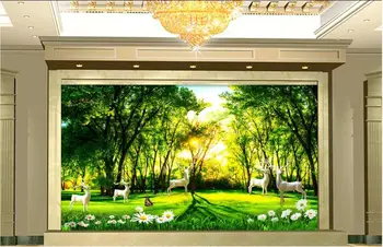 Потребителски фотообои 3d стенни тапети за стените, 3 d Идилична гора дървета природни пейзажи на фона елен фон на стената