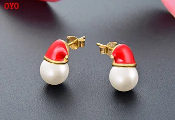Творчески сладки капающие маслени перлени обеци S925 сребърна Коледна шапка празничен подарък обеци