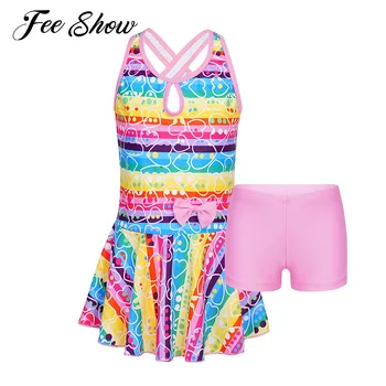 Цветни Летни Бански костюми за Детски Бански За Момичета, Бански с отворен гръб и Накъдрен, дрехи за Плуване с Къси панталони, Комплекти Танкини от две части