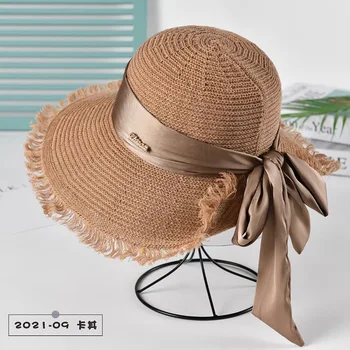 Шапка дамски лятна малка прясна вълна голяма дългата сламена шапка див лък слънцезащитен крем за почивка на плажа слънцезащитен прилив на дамски шапка от слънцето