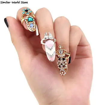 Шарм Цвете Дама На Кристал Нокти Защитни Модни Бижута Лък Короната На Ноктите Пръстен Crystal Пръст Нокти Пръстени За Жени